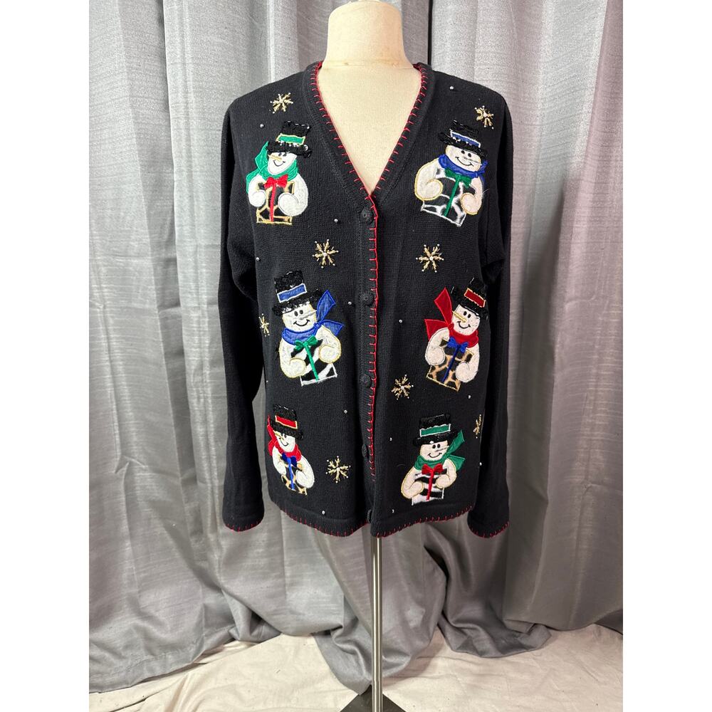 Victoria Jones Black with Snowman Embellished Christmas Sweater SzL